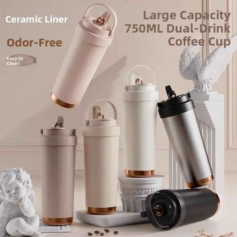 Large Capacity Ceramic Insulated Mug with Straw for Women Students Portable Car Coffee Cup Double Sided Drink Water Bottle