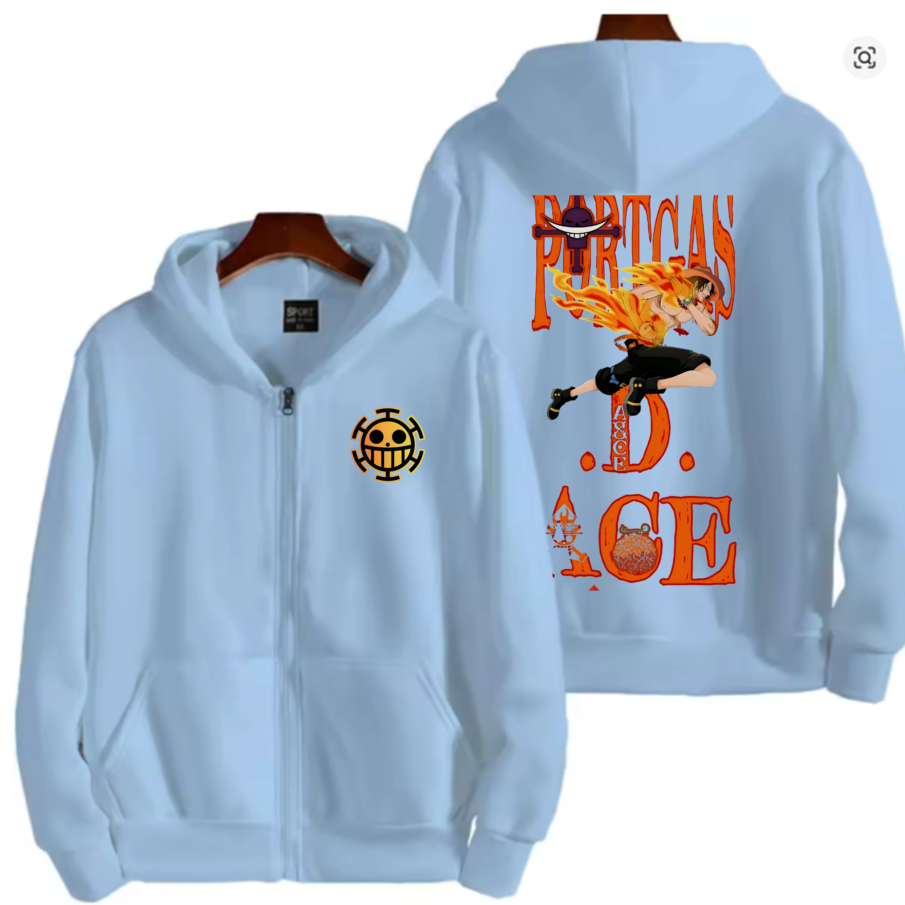 Hoodie com Zíper Anime One Piece Portgas D.Ace, Moda Casual, Roupas Esportivas, Jaqueta com Estampa de Desenho Animado para Homens e Mulheres