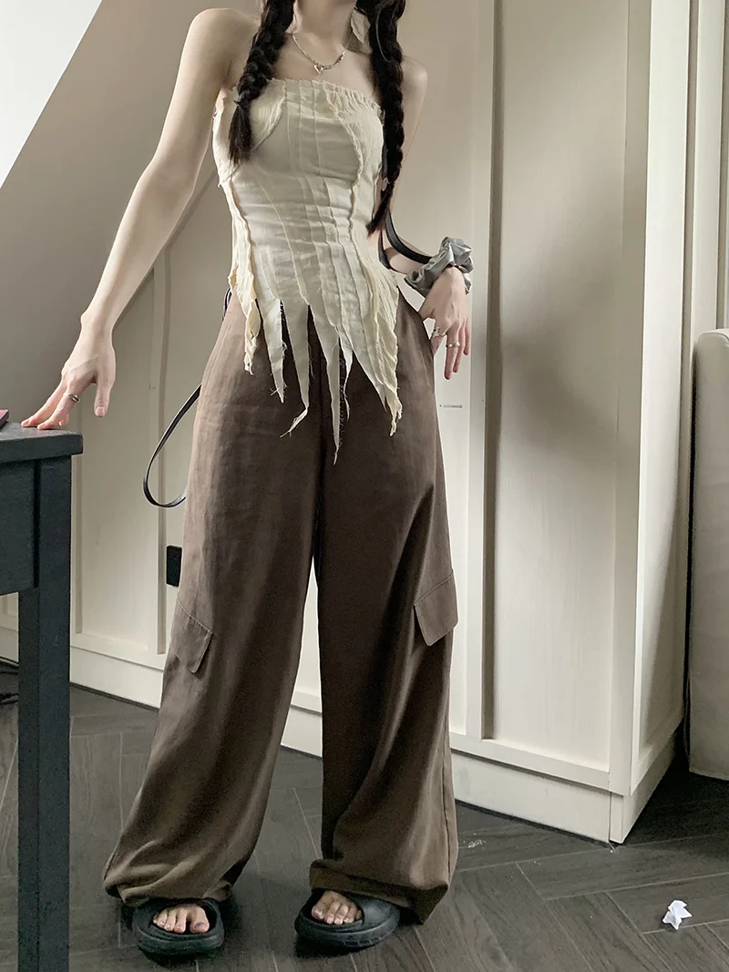 

Khaki Women Straight Pants American Sports Coffee Wide Leg Pants For Women Loose Fitting High Waist Casual Pants Floor