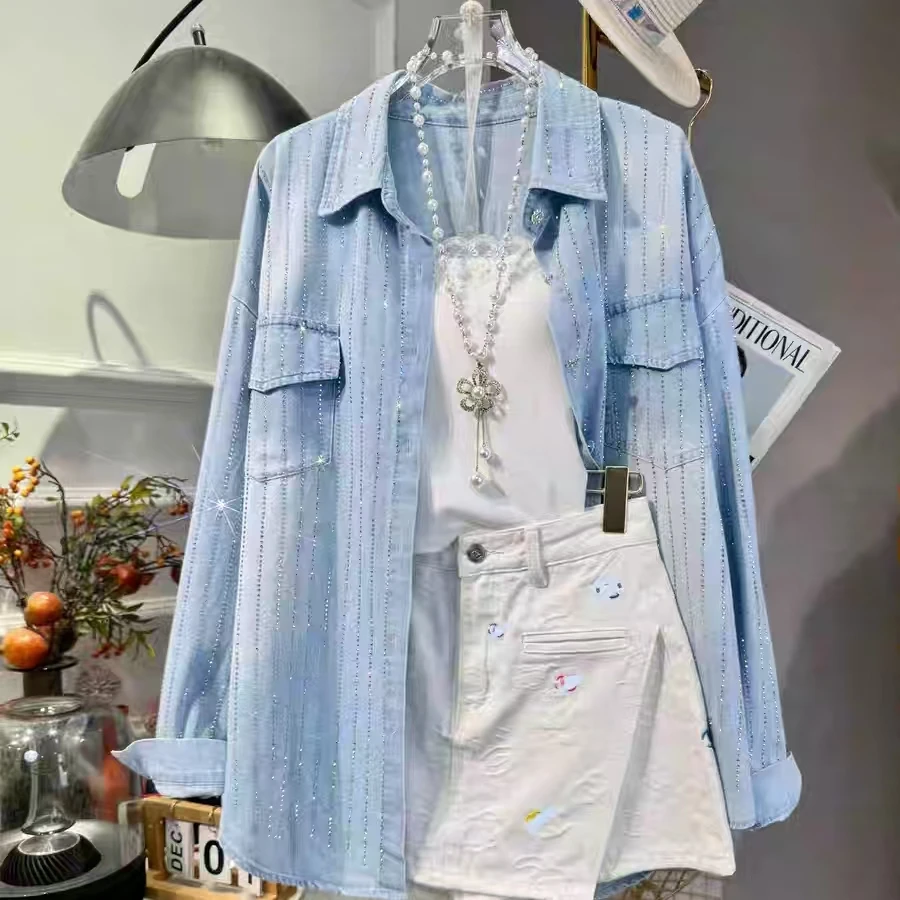 

Luxury Sparkle Rhinestones Diamonds Soft Denim Blouses Shirts For Women's Autumn 2025 Loose Causal Tops Camisas De Mujer