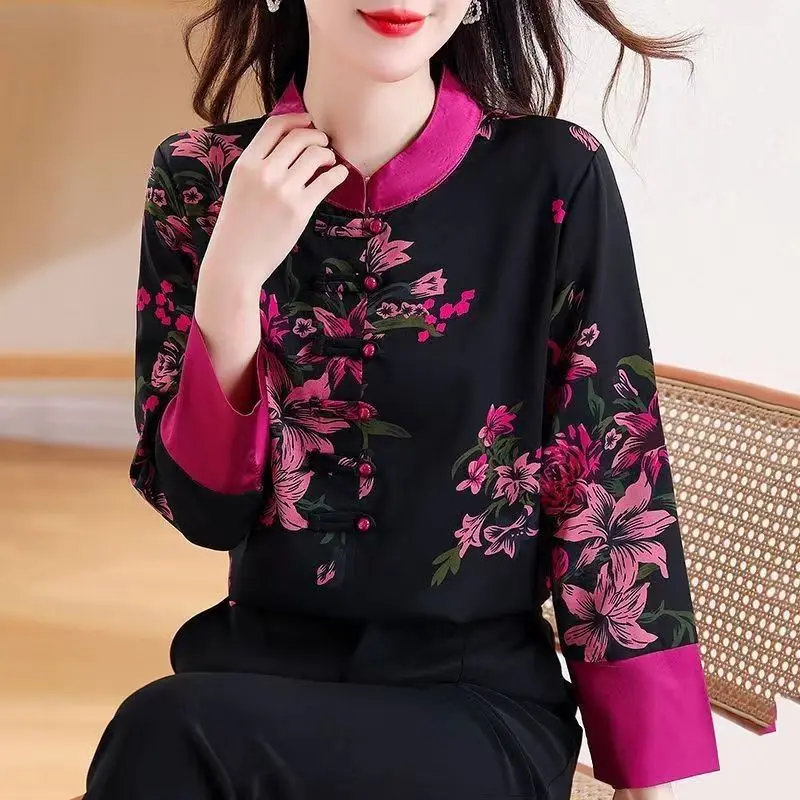 Clothes for Women Chinese Style Vintage Floral Print Shirt Stand Collar Elegant Temperament Blouses Female Chic Long Sleeve Tops