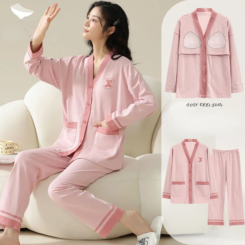 Women Cotton Sleepwear Kawaii Clothes Chest Pads Sleepwear Long Sleeve Autumn Pajama Sets Loungewear Set Korean Pants Button