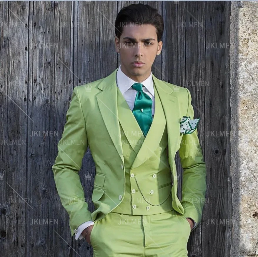 Green Men Suits Three Pieces Business Suit Custom Made Casual Polyester Coat Office   Terno Masculino Completo