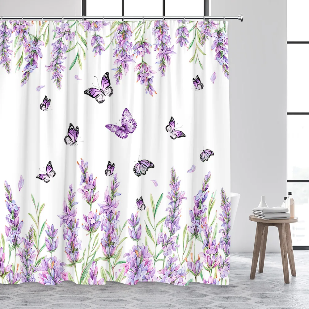 Floral Shower Curtains Purple Lavender Wisteria Cute Elf Butterfly Hummingbird Watercolour Flower Plant Bathroom Curtain Decor