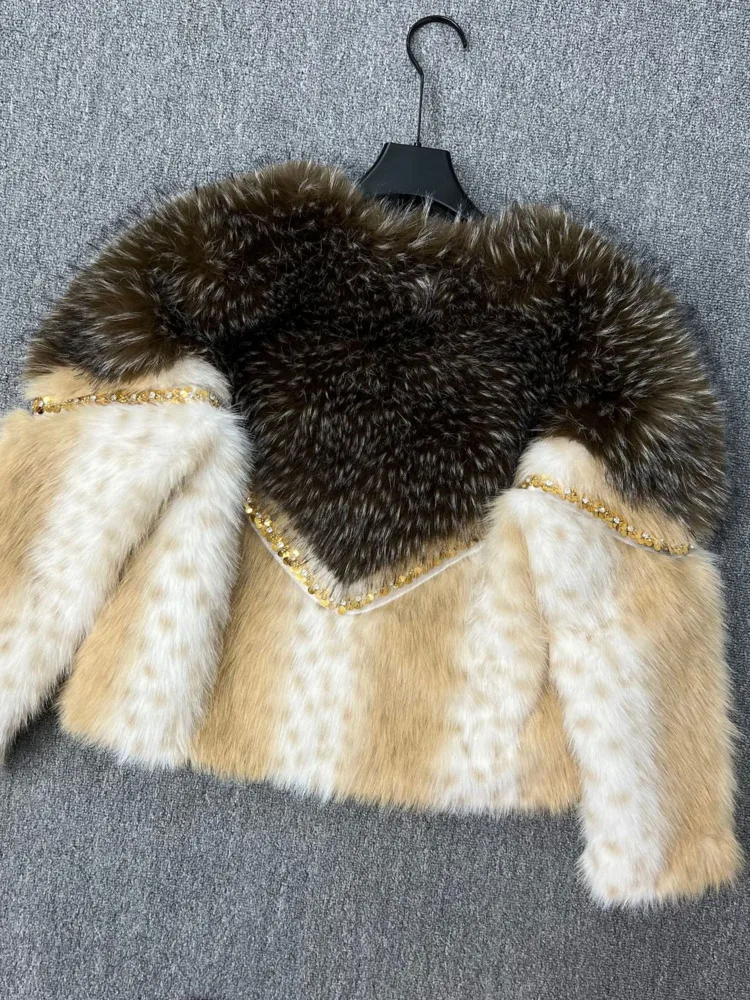 ZMEENNA 여성용 짧은 인조 모피 자켓 골드 스팽글 디테일 고급스러운 따뜻한 겨울 아우터 베이지 브라운 레오파드 스팟 ZM4474