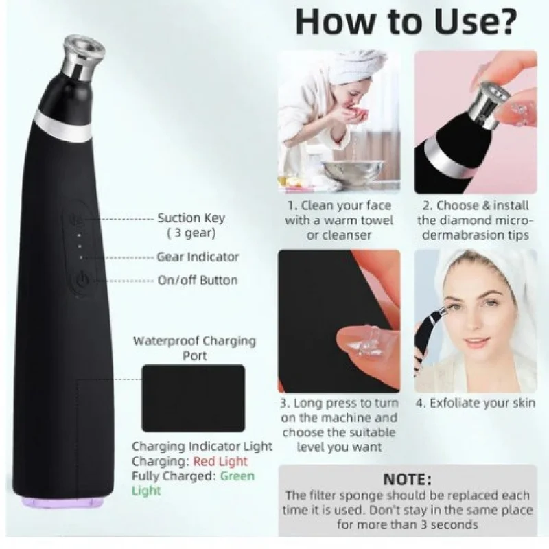 เครื่องผลัดเซลล์ผิวแบบพกพา ไมโครเดอร์มาเบรชั่น อุปกรณ์ทำความสะอาดผิวหน้า ขจัดเซลล์ผิวที่ตายแล้ว ดูดสิวเสี้ยน