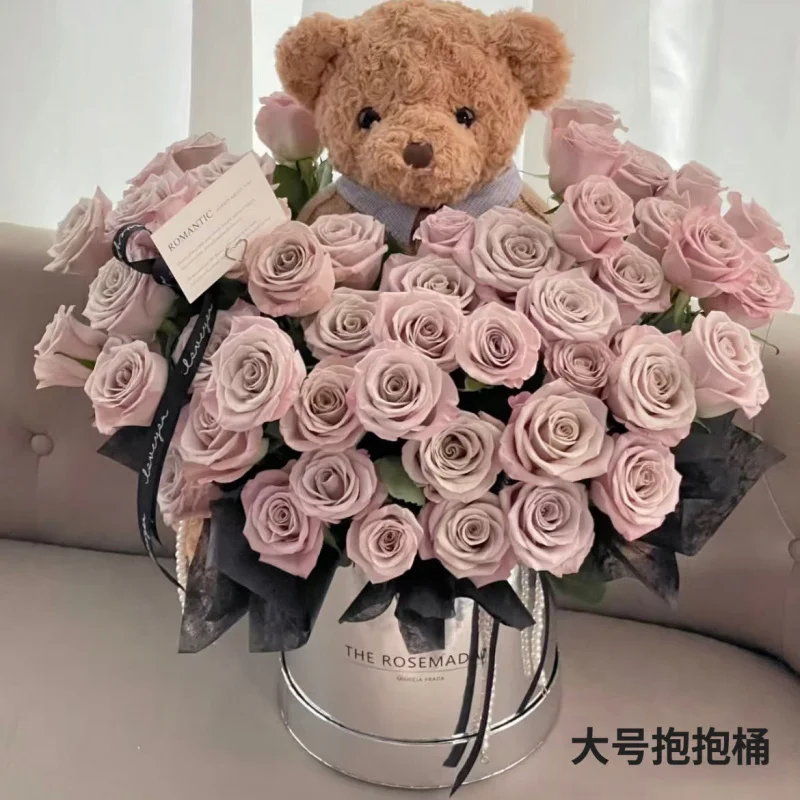 Personalizzato. San Valentino Vaso di fiori Scatola di fiori Abito a specchio Secchio di fiori rotondo Scatola di fiori in argento Bouquet di fiori Organizzare