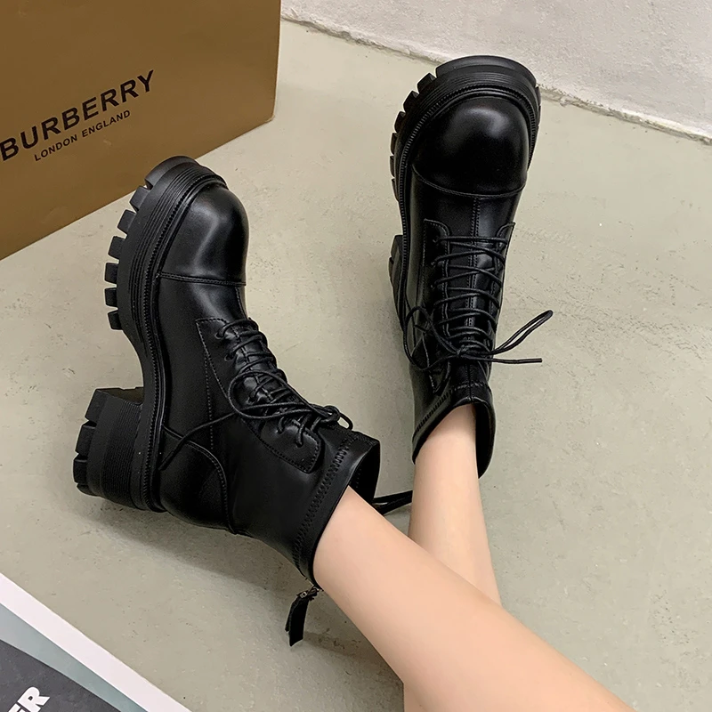2023 New Ladies Shoes Basic PU Women's Boots Modern Ankle Boots Women Sewing Lace Up Round Toe Side Zip Chunky Heel Shoes Women