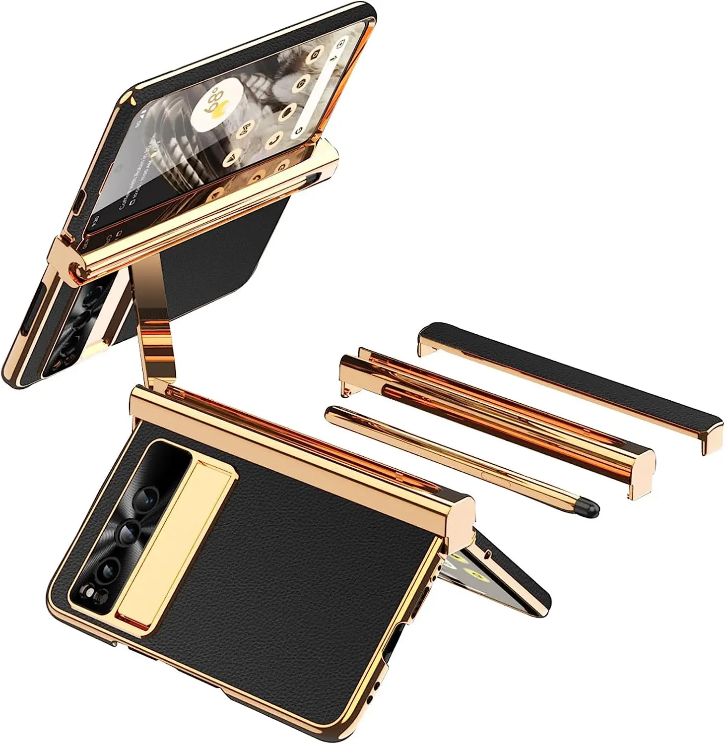 

Designed for Google Pixel Fold 2023 Case, Hinge Protection Design Luxury Electroplated Gold Frame Lychee Pattern Leathe Back