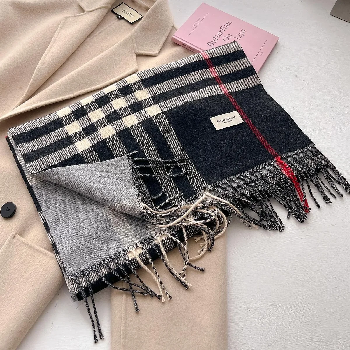 2024 New Autumn and Winter Scarf Women\'s Plaid Double-sided Imitation Cashmere Warm Scarves Senior Students Long Shawl Muffler