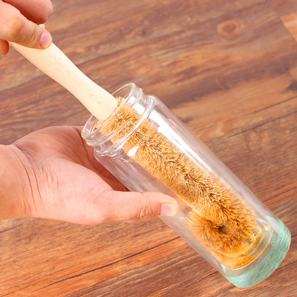 Long Wood Handle Cup Cleaning Brush Kitchen Milk Bottle Glass 360 degrees Cleaning Brush Coconut Palm Cup Washing Brush