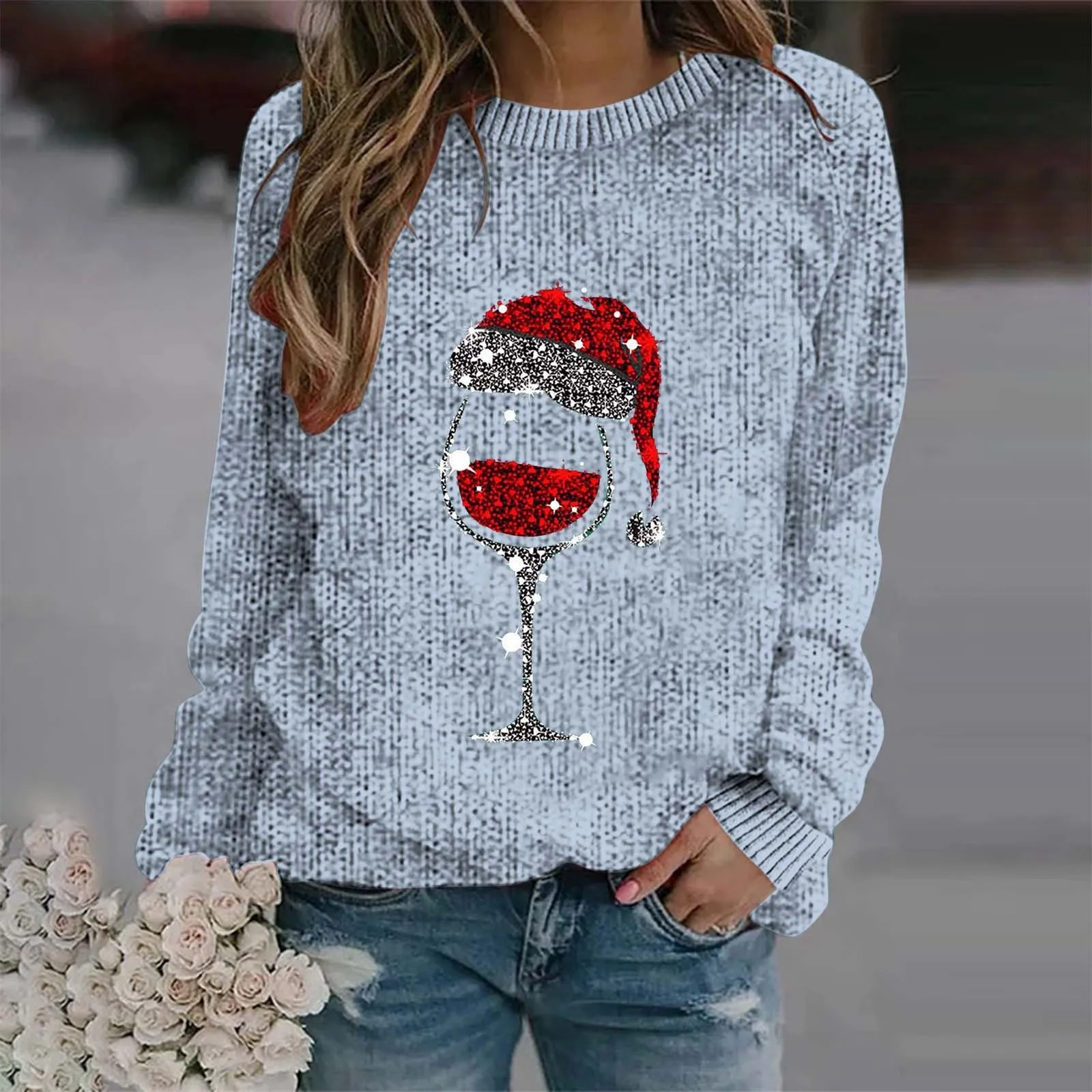 Christmas Sweater Red Wine Glass Print Jumper Women\'s Autumn And Winter Round Neck Long Sleeve Fashion Casual Sweater For Women