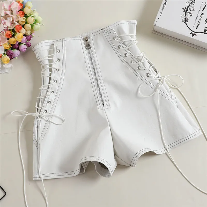 New Autumn Women PU Shorts Tie Bow Bandage High Waist Shorts Casual White Black Leather Shorts Ladies All Match Wide Leg Shorts