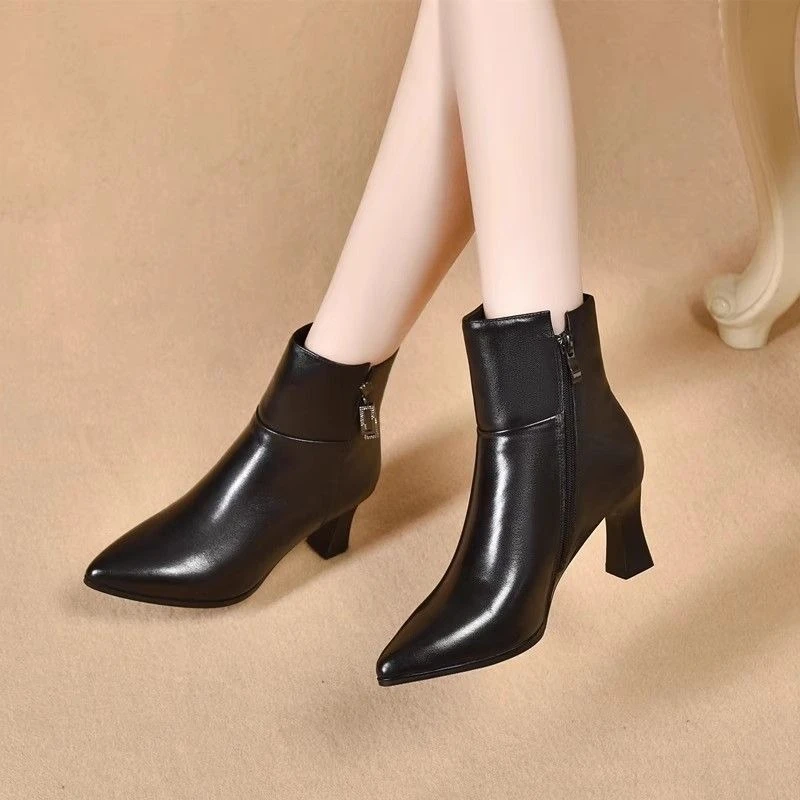 2026 Winter Women Soft Leather Mid Calf Boots Chunky Heel Pointed Toe Platform Waterproof Elegant Mom Shoes Fashion Trend