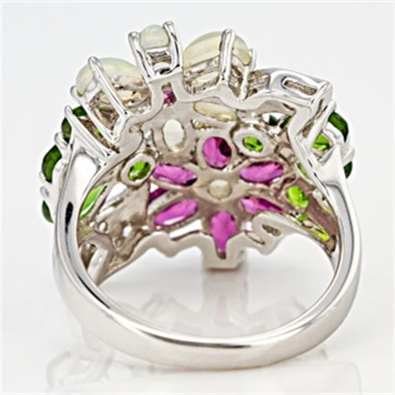 Delicate Luxury Silver Colors Flower Rings for Women Trendy Metal Inlaid White Green Stone Wedding Ring Engagement Jewelry