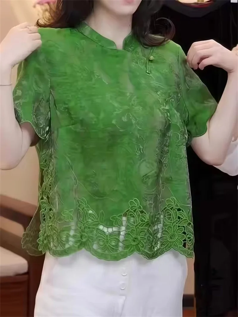 Groene Patchwork Kant Uitgehold Korte Mouw Blouse Vrouwen Chinese Stijl Tops Stand Kraag Zijde Zomer Shirts Zachte DamesTshirt