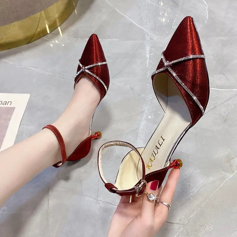

Women's Bling Crystal Ankle Strap High Heel Sexy Pointed Toe Stiletto Party & Wedding High Heels, Black & Red PU Leather