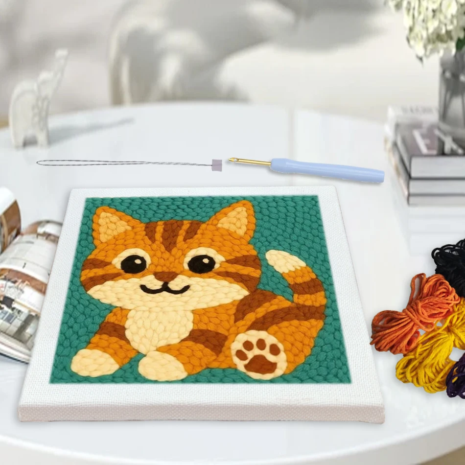 

25x25cm Cartoon Animal Punch Needle Embroidery Kit for Beginners Cute With Frame Set Soft Yarn Needlework Cross Stitch Set