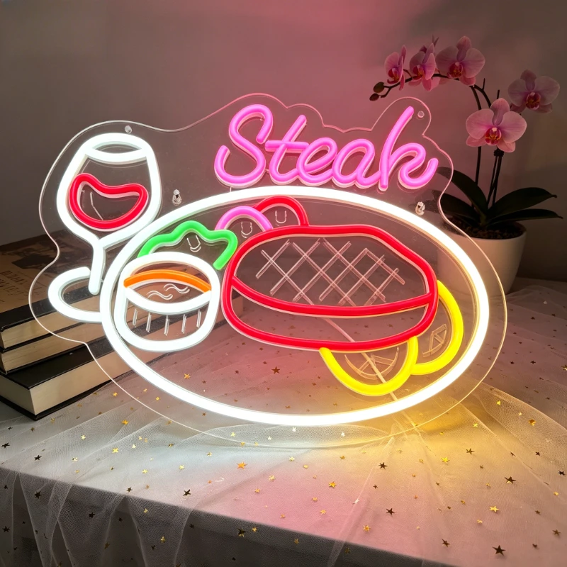 ステーキledネオンサイン-レストラン、ホームバー、カフェの装飾、ディナーパーティーの壁飾り照明、食欲をそそる雰囲気を演出します