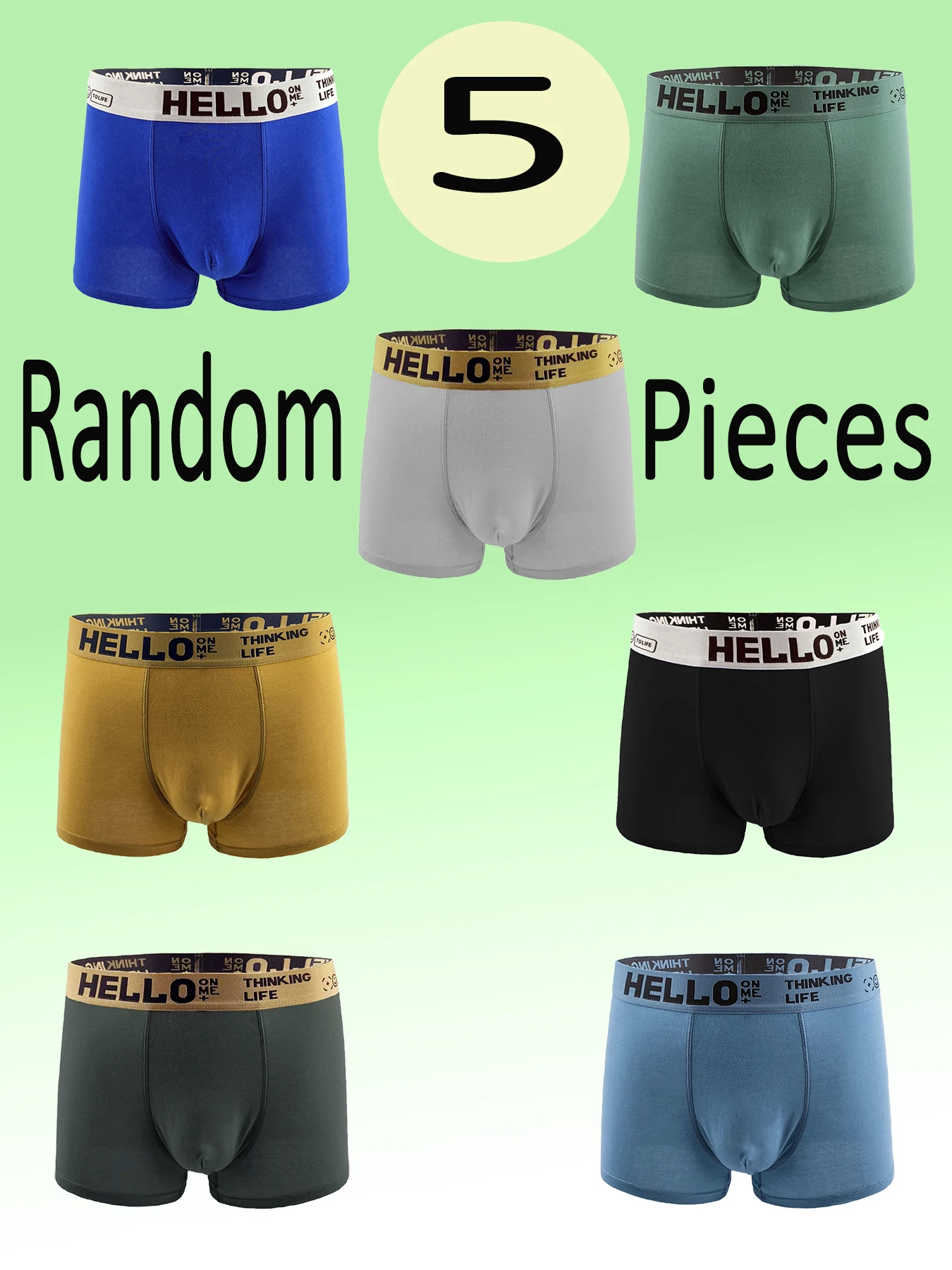 

Men's 5-Piece Random Cotton Boxer Briefs Set - "HELLO" Logo Waistband, Assorted Multi-Color Underwear