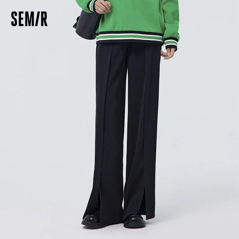 Semir 2023 Women Pants Spring New Wide-leg Pants Commuting Solid Color Slit Trousers Easy-care Casual Pants for Women