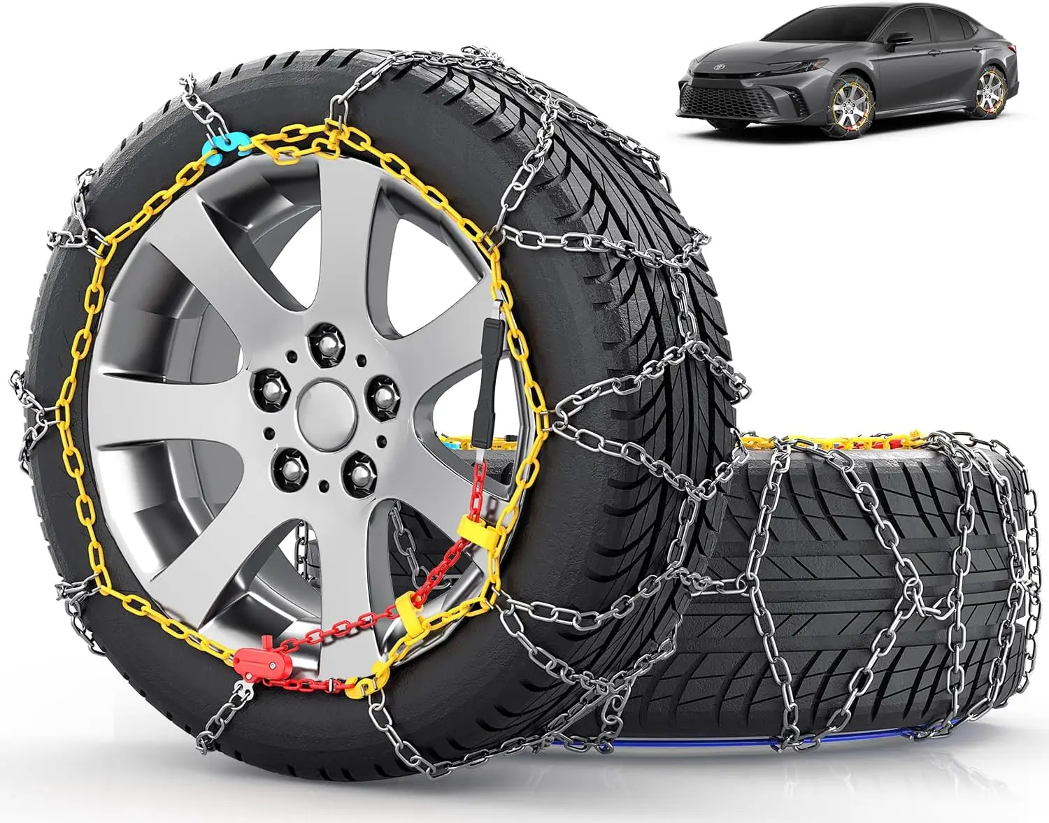 Easy Install Snow Chains for Cars & SUVs, One-Pull Fit Design, Winter Traction Tires 215-265 Size Range - Set of 2