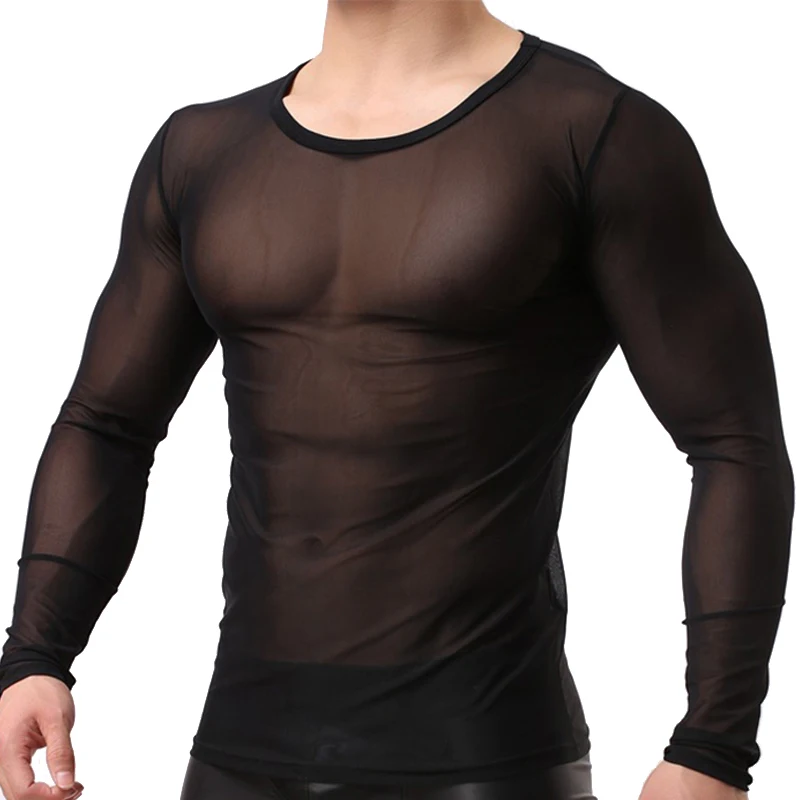 Mesh T-shirts Men Sexy Sheer See Through Long Sleeve Tops Transparent Undershirt Tshirt Fitness Lounge Tees