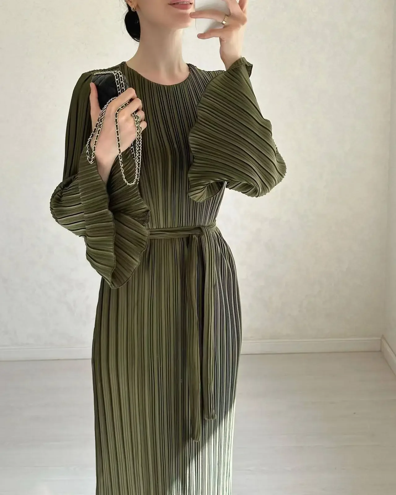 2024 Eid Flare Sleeve Muslim Pleated Dress Women Abaya Morocco Ramadan Lace-Up Abayas Kaftan Islam Dubai Arab Modest Long Robe