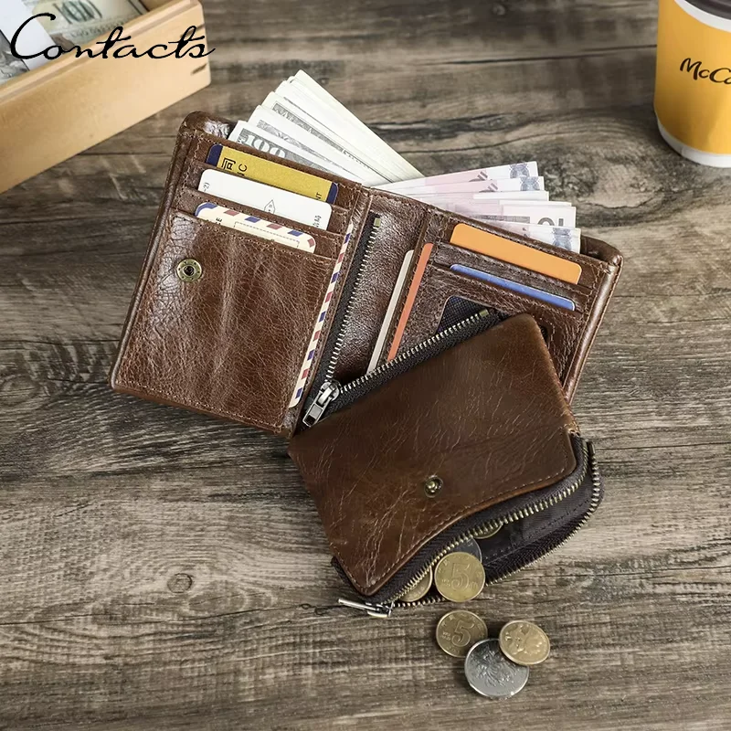 CONTACT'S Genuine Leather Wallets for Men Short Bifold Casual Men's Purses RFID Card Holders Coin Purses Money Clip Men's Wallet