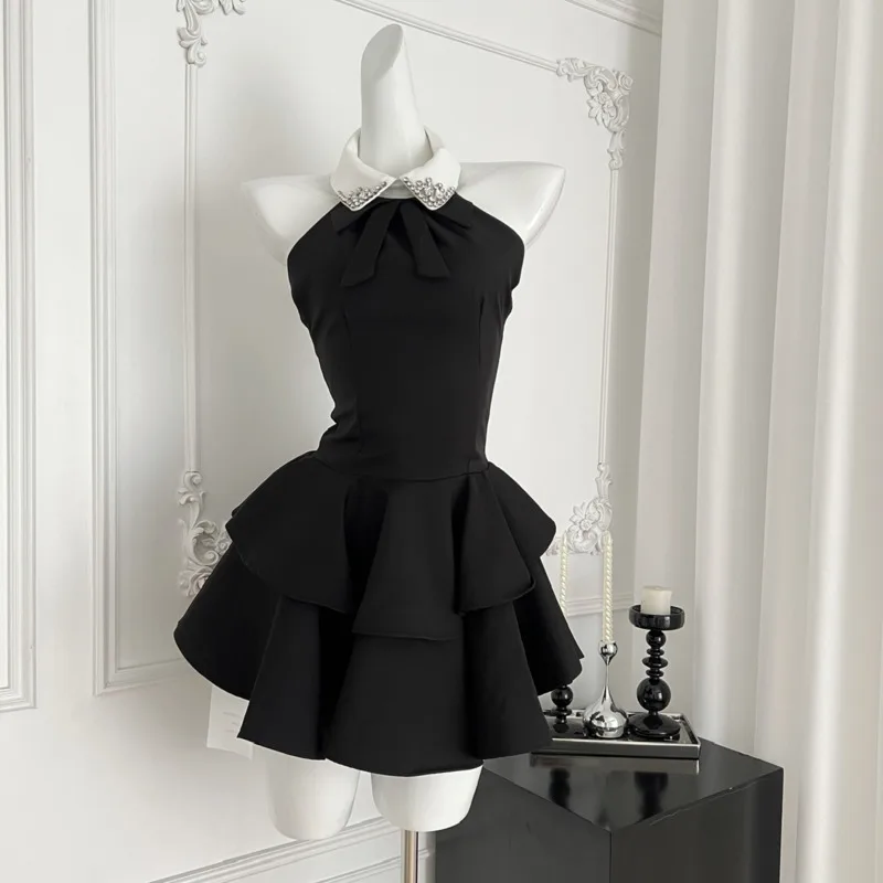 

French Fashion Neck Embroidered Diamonds Halter Neck Short Dress Women 2025 Summer New Hotsweet Sexy Waist Slim Party Dresses