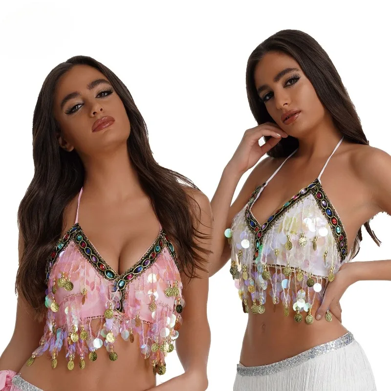 

Блестящий топ-бюстье для восточных танцев с разноцветными блестками, сценический наряд-бикини для женщин