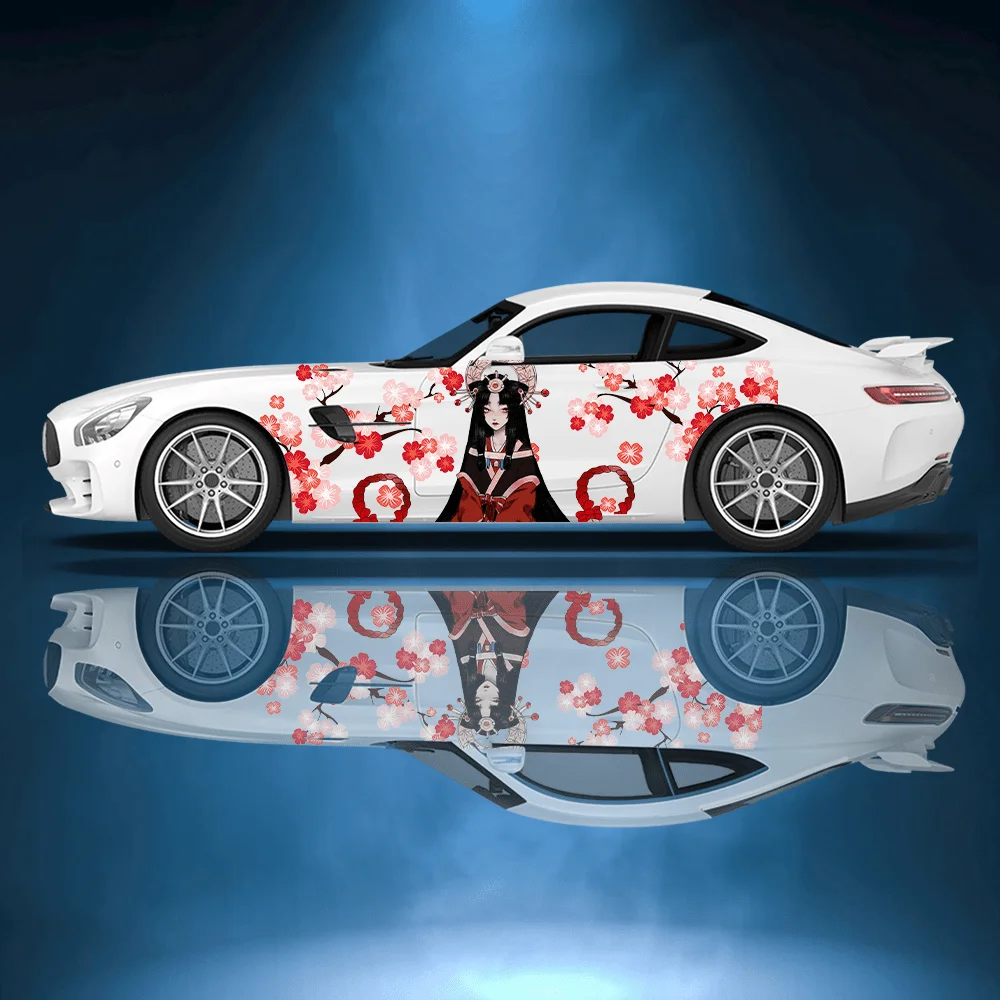 

Anime woman in Japanese attire with cherry blossoms falling sitting on maple leaves with a fox tail sticker; car sticker; full b