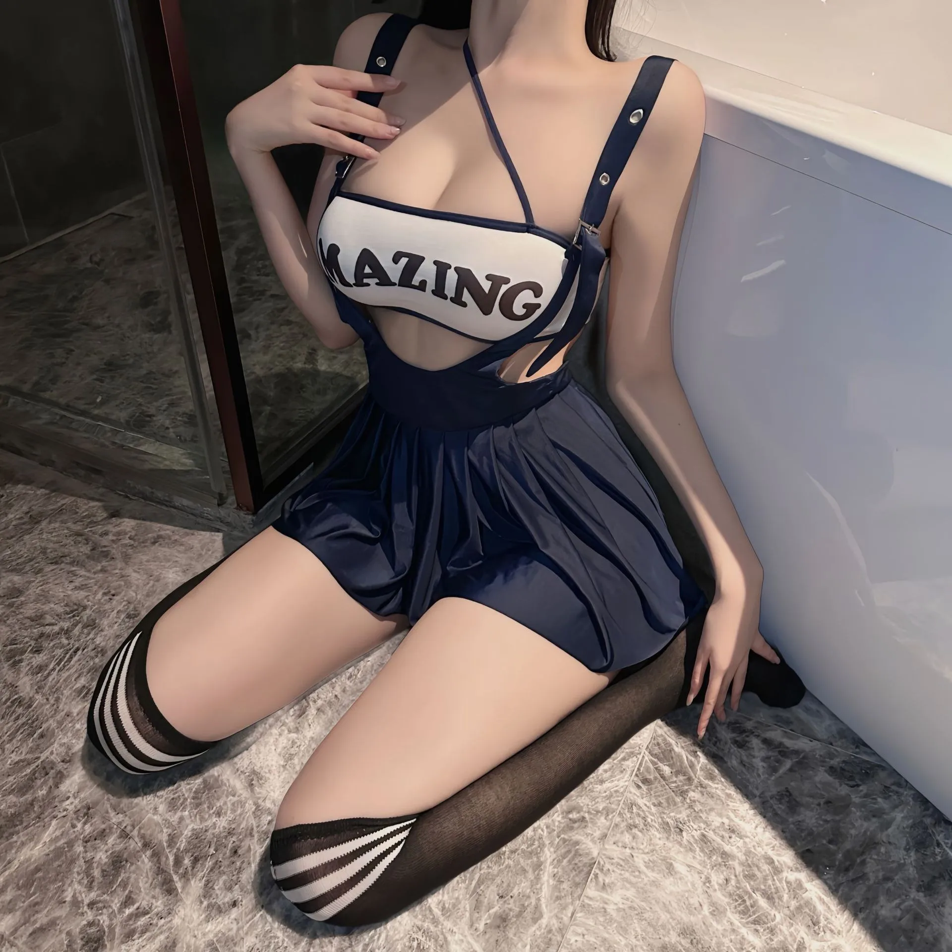 

Erotic Open Corset Bib Skirt Teddy Bodysuit Feminine Crotchless Lingerie Exotic Clothing Deep V Cutout Overhang Teddy Bodysuit
