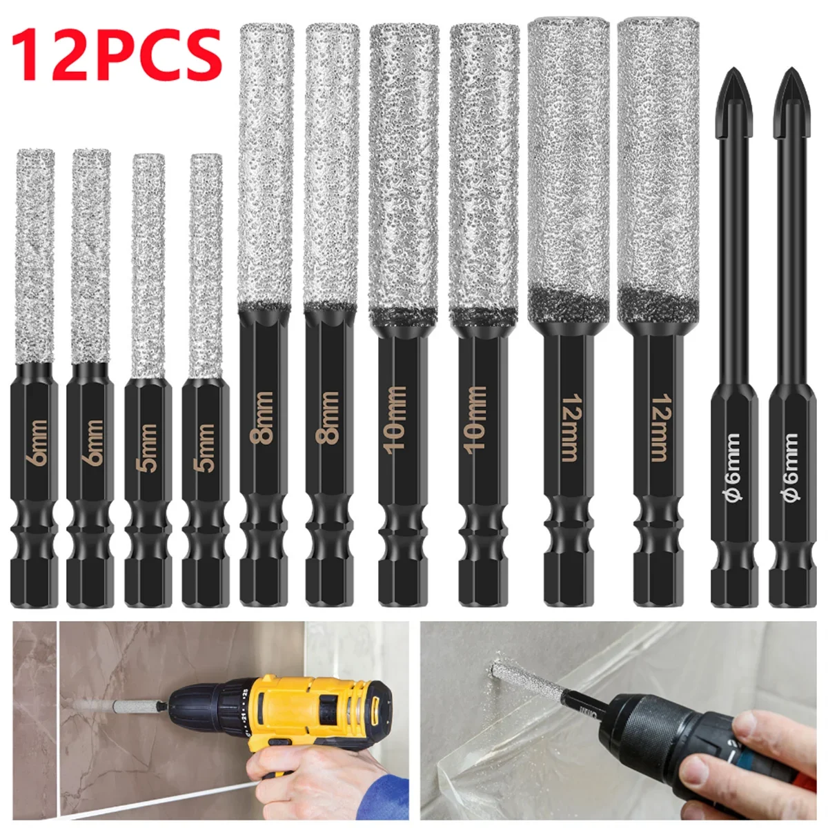 

12 шт., 5-12 мм, набор сухих алмазных сверл, набор колонковых сверл с вакуумной пайкой, быстросменный шестигранный хвостовик для фарфора, гранита, мрамора