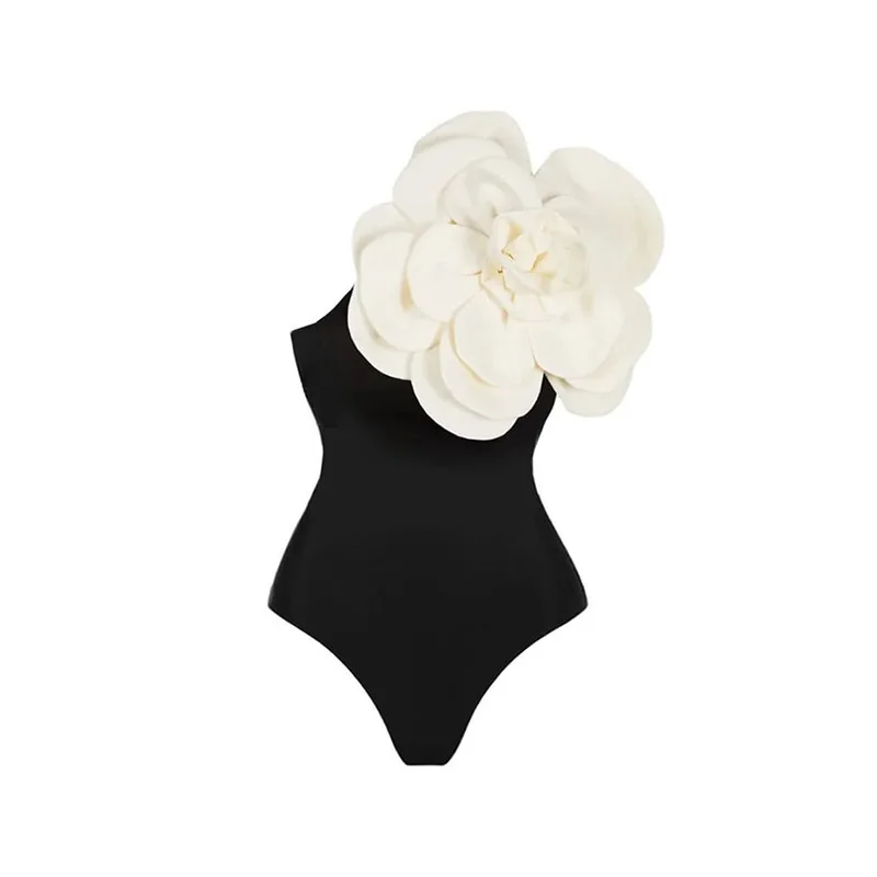 Fato de banho retrô de uma peça grande flor para mulheres, francês, elegante, preto, branco, sexy, festa na praia, 2023