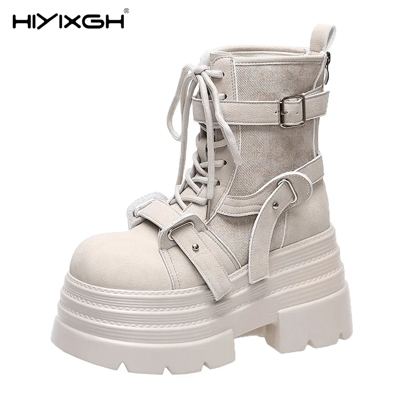 

10CM Autumn Winter Women's Gladiator Boots Chunky Heels Leather Punk Shoes Buckle Motorcycle Boots Goth Chelsea Mujer Zapatos
