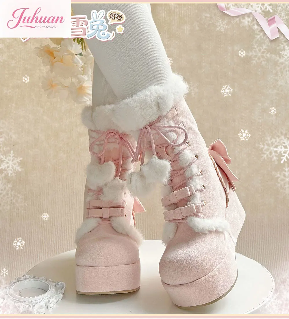 Japonais automne hiver doux mignon plate-forme Lolita Bow moelleux coton chaussures avec polaire chaud plate-forme chaussures neige chaussures doux fille