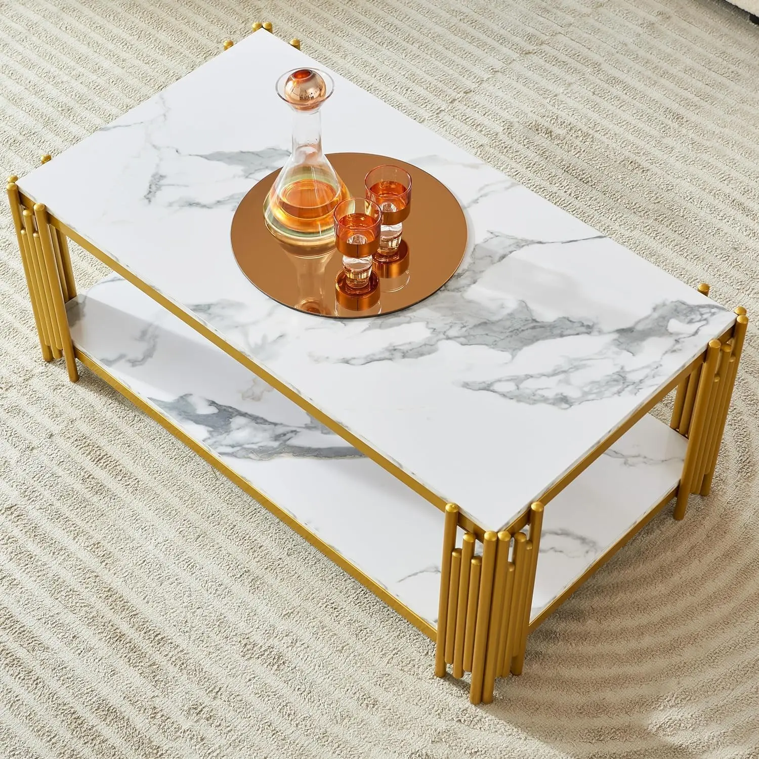 47 Inch White Marble Coffee Table With Gold Chrome Metal Base, 2-Tier Rectangle Faux Marble Center Table Coffee Cocktail Table,