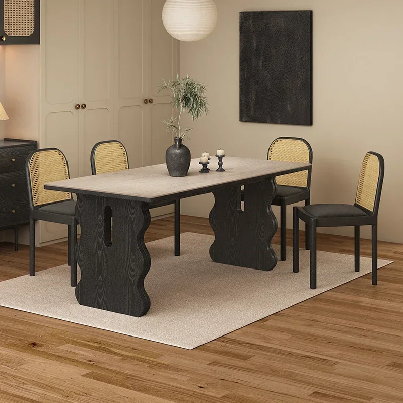 

Solid wood rock slab dining table French retro style rectangular dining table black new