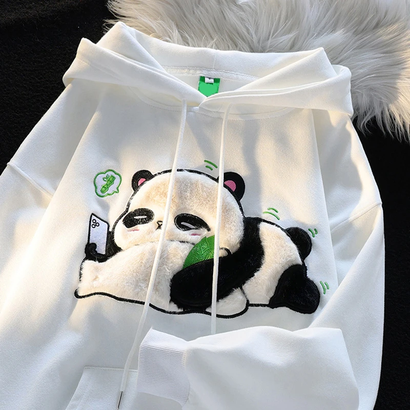 Spring Winter Panda Embroidery Pullover Cute Cartoon Cotton Loose Women Hooded Sweatshirt Couple Clothes Student Coat Hoodie