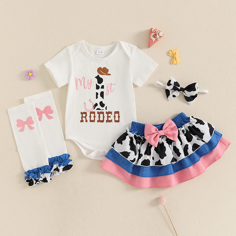 Toddler Girls Cowgirl Style Clothing Set with Short Sleeve Romper Skirt Headband and Leg Warmers - Western Inspired Infant