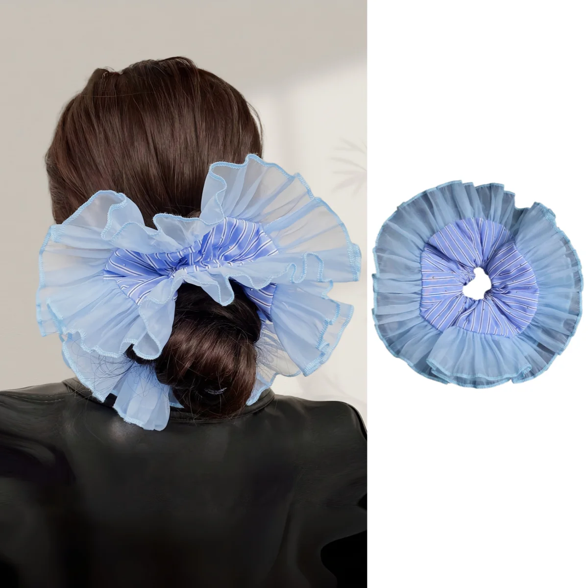 

1PC Oversized Heavy-Duty Blue Striped Rhinestone-Embellished Organza Large Ruffle Scrunchie, Double-Layered with Elegant High-En