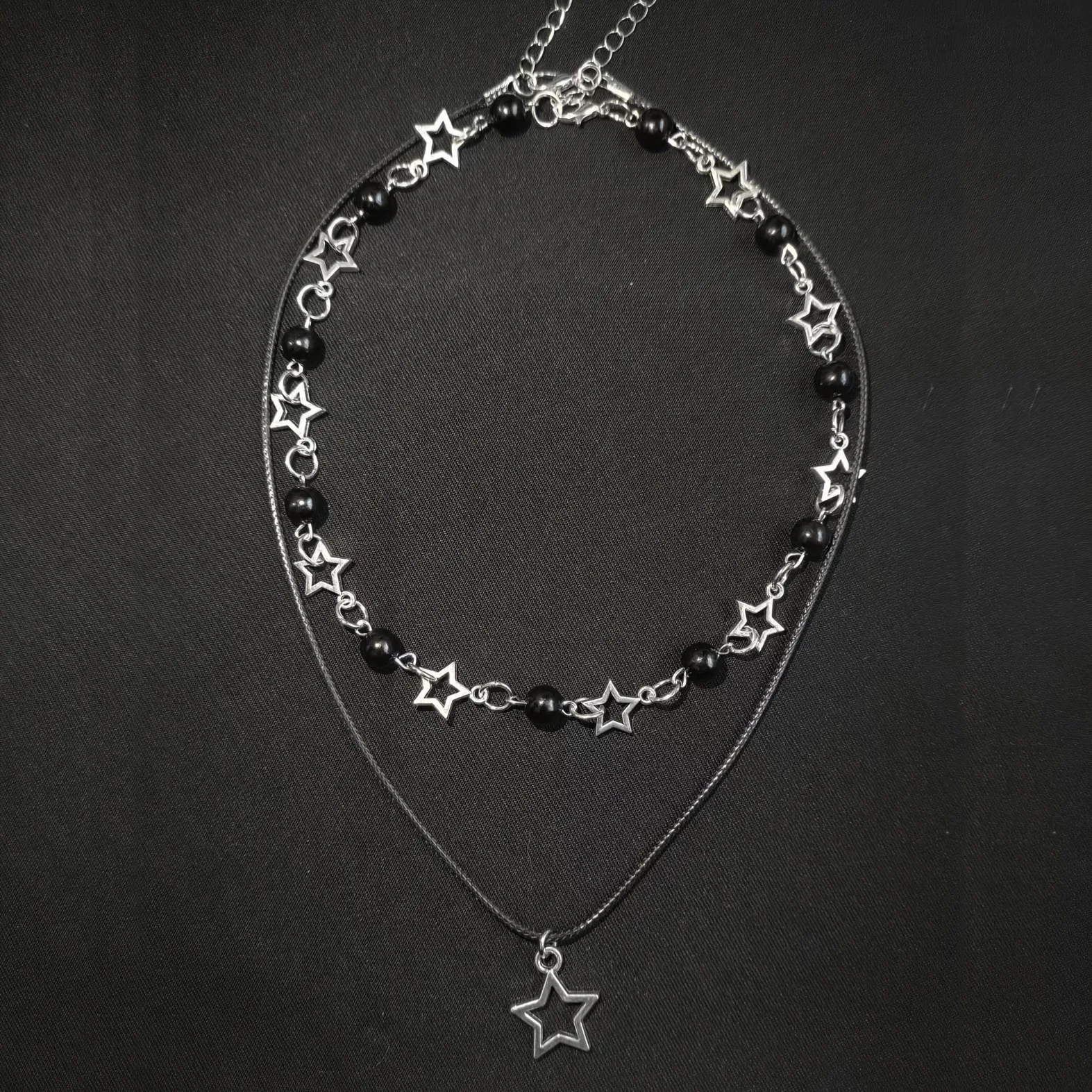 Fashion Double Layered Black Bead Star Choker Necklace Punk Pentagram Leather Rope Necklaces For Women Men