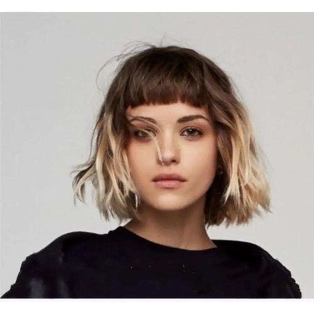 Ombre Blonde Bob Wig Short Wavy Bob Wigs with Bangs Synthetic Roots black Wigs for Black White Women