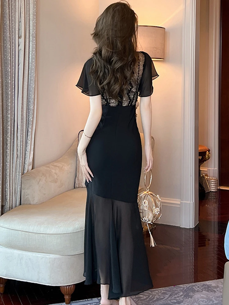 Elegant Style Maxi Dress for Women Black Chiffon Lace Panel Sheer Ruffle Sleeve Slit Fishtail Robe Femme Evening Party Vestidos