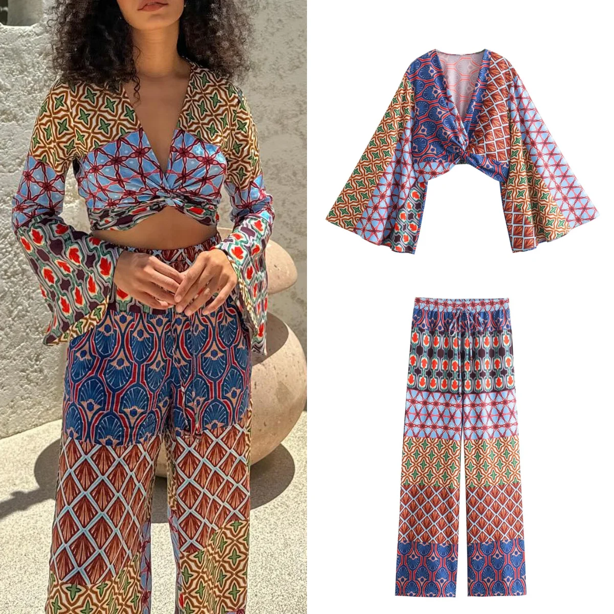 

TRAF Retro Chic Printed Women's 2 Piece Set Sexy V Neck Bell Sleeve Twist Cropped Top Loose Pants Suit Elegant Suit 2024 Summer