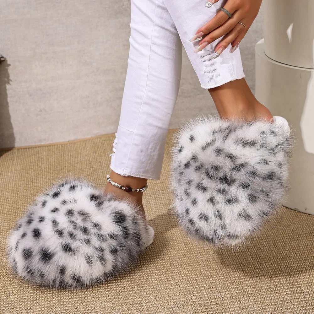 Damen Warme Hausschuhe Plüsch Leopardenfell Flauschige Pantoffeln Große Größen Geschlossene Zehenpartie Flache Sandalen Weiche Bequeme Schuhe für Frauen – Detail 11