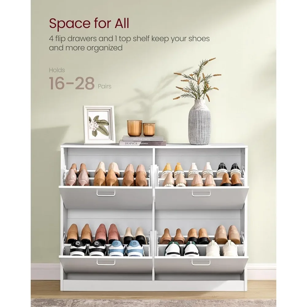 

Shoe cabinet with 4 flip doors, can store 16-28 pairs of shoes, adjustable divider