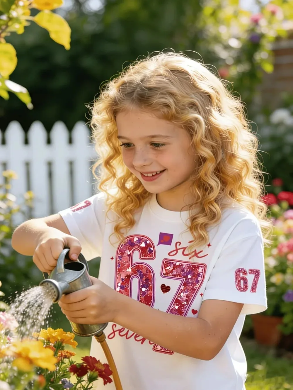 Girls' T-shirt, exclusive for Valentine's Day, with sequins, number 67, summer round-neck T-shirt for outdoors, kids' clothing