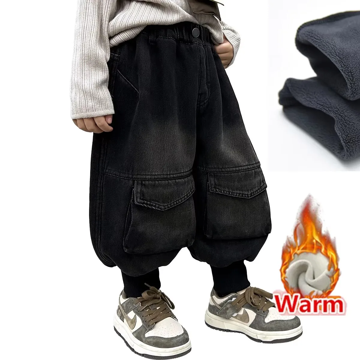 

Kids Winter Warm Pencil Jeans For Boys Loose Insulated Black Baggy Cargo Jeans With Pocket Child Thick Fleece-Lined Denim Pants